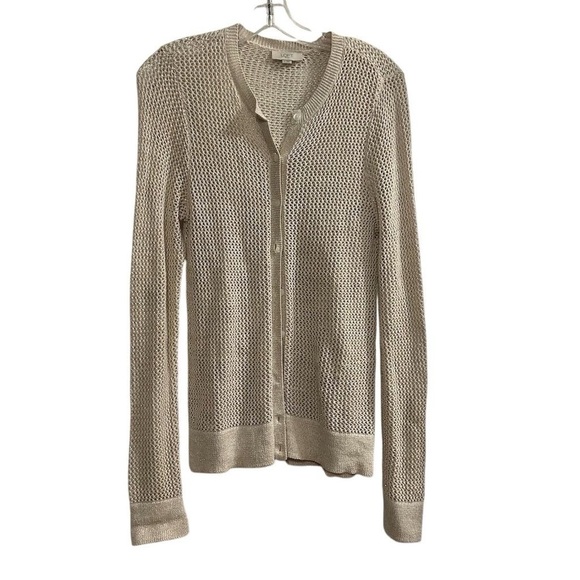 LOFT Women's Beige Gold Metalllic Open Stitch Cardigan Size M Long Sleeve - Picture 1 of 7